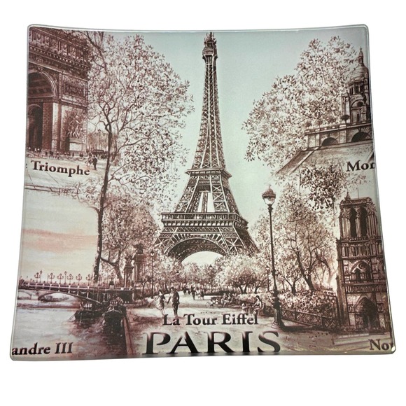 Glass Jewelry Dish, Eiffel Tower Paris France Trinket Tray Soap, Vanity Catchall - Picture 3 of 4
